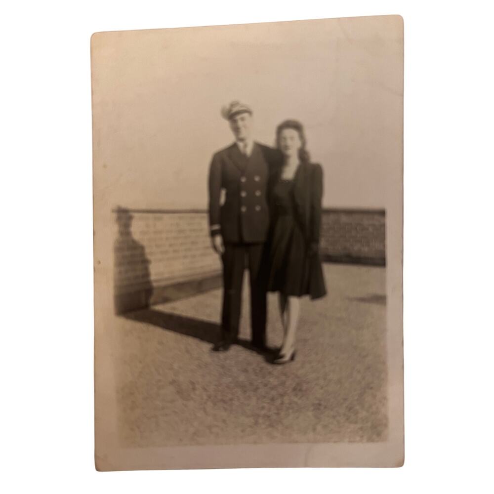 Vintage WWII Era Naval Officer Couple Snapshot Uniform Military Photo 2.5x3.5